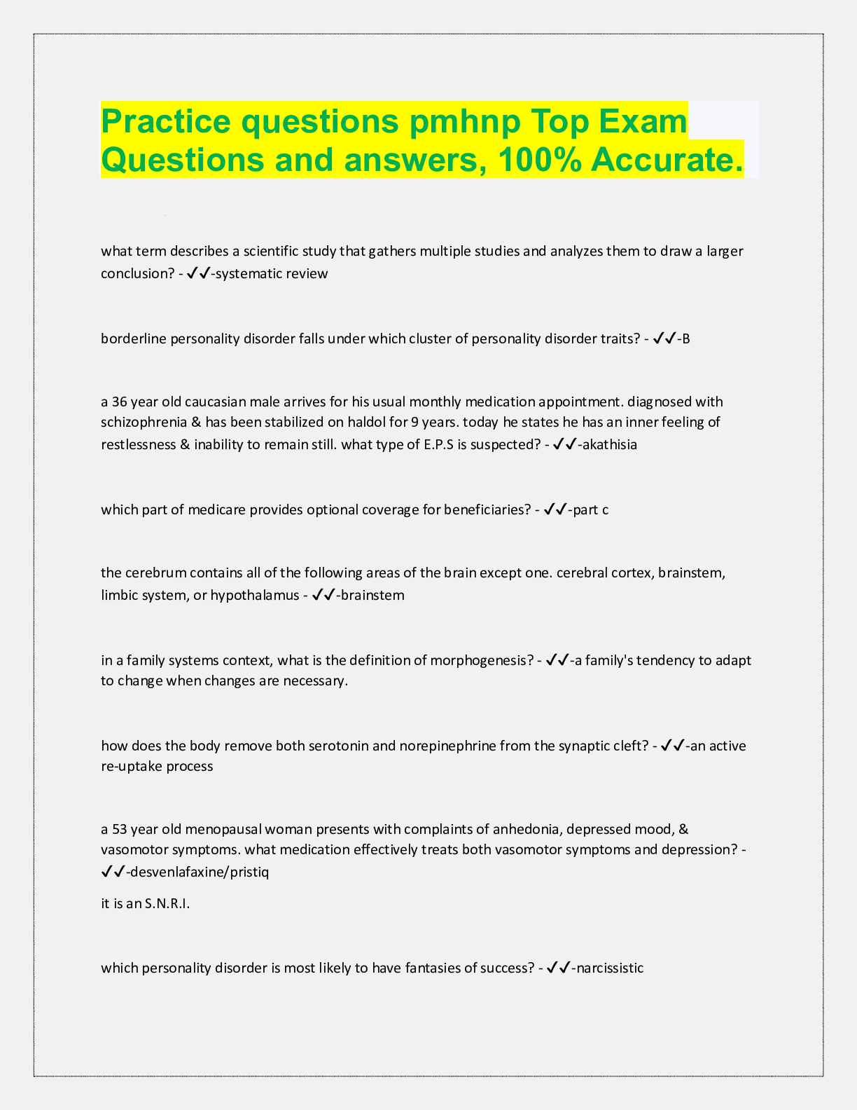 Preview image for Practice questions pmhnp Top Exam  Questions and answers, 100% Accurate.